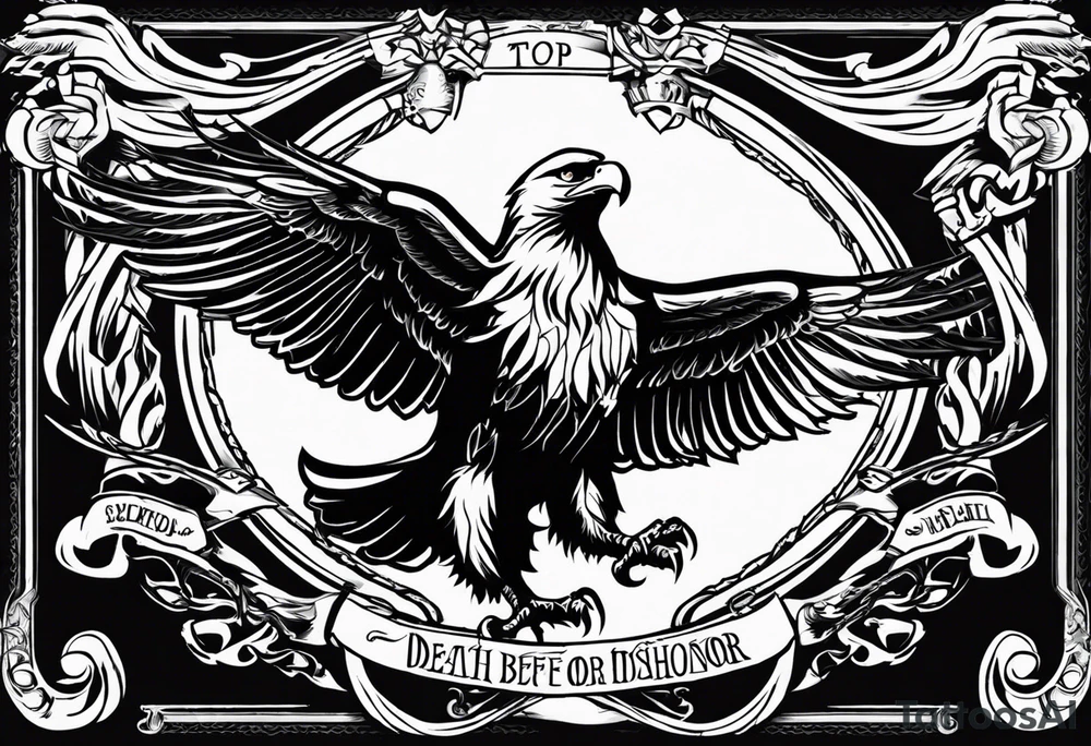 tattoo featuring an American eagle, 

add the words "Death Before Dishonor" on a scroll or something, add a sword or knife 

bottom left is closest, background filling not needed. 

use the Eagle style face of the bottom right tattoo idea