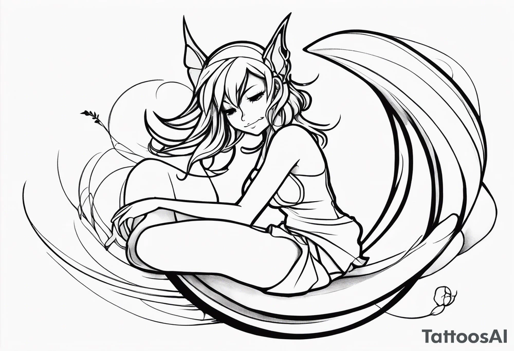 No color sketch of a fairy with a tail inspired by the guild symbol in the anime show called Fairy Tail in a fetal position leaning forward while crawled in hugging herself with hands a bit forward and her body is an angle while floating in the air tattoo idea