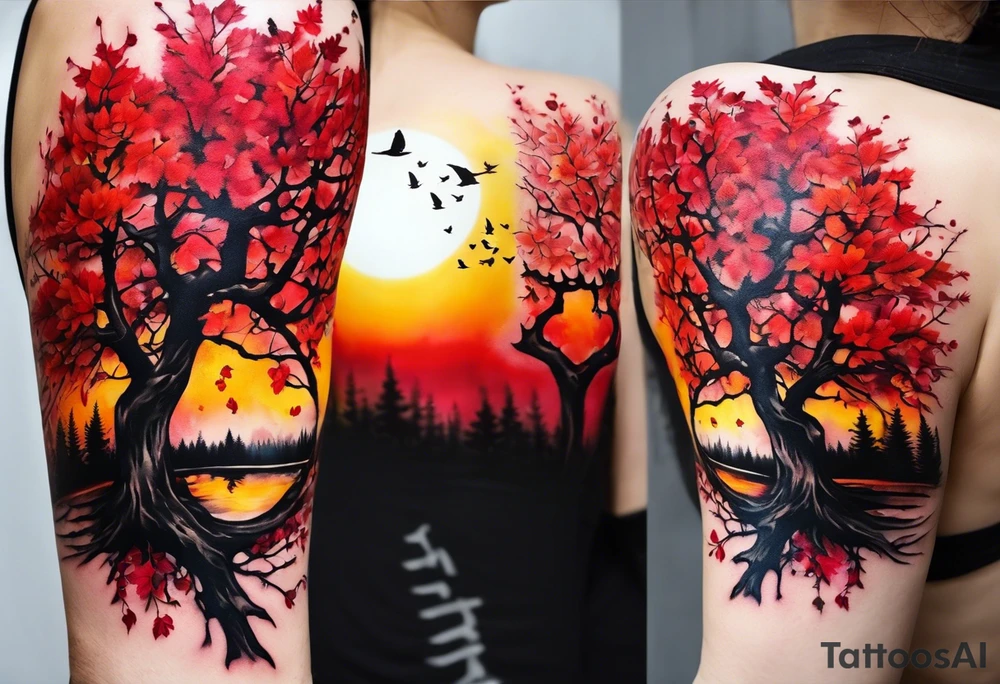 trash polka style. Arm tattoo. Long tattoo. Full sleeve. Shoulder. A single large maple tree with red autumn leaves that branches upwards from wrist to shoulder. White-throated dipper bird on the trees branches. Calluna flowers at the base of the trees stem. Tree stem has dark colors. Red/yellow sunset behind the trees stem. Leaves falling. tattoo idea