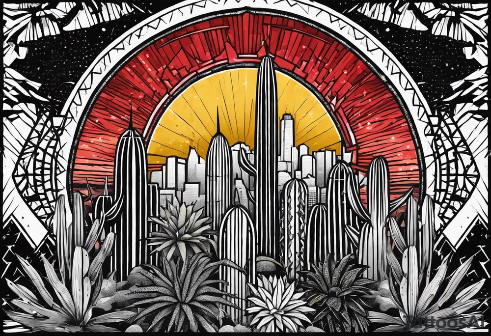 Crest with a hood on top,
13 rays of red and weld-yellow on the top half. NYC sky line
a cactus on the left side and a royal palm on the right side tattoo idea