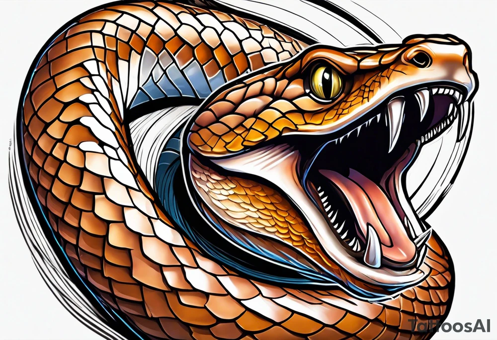 Copperhead coiled up with head turned up and mouth open and copper colored eyes tattoo idea