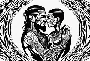 tribal father loving his son and wife making sure they are safe from the world and all the evil tattoo idea