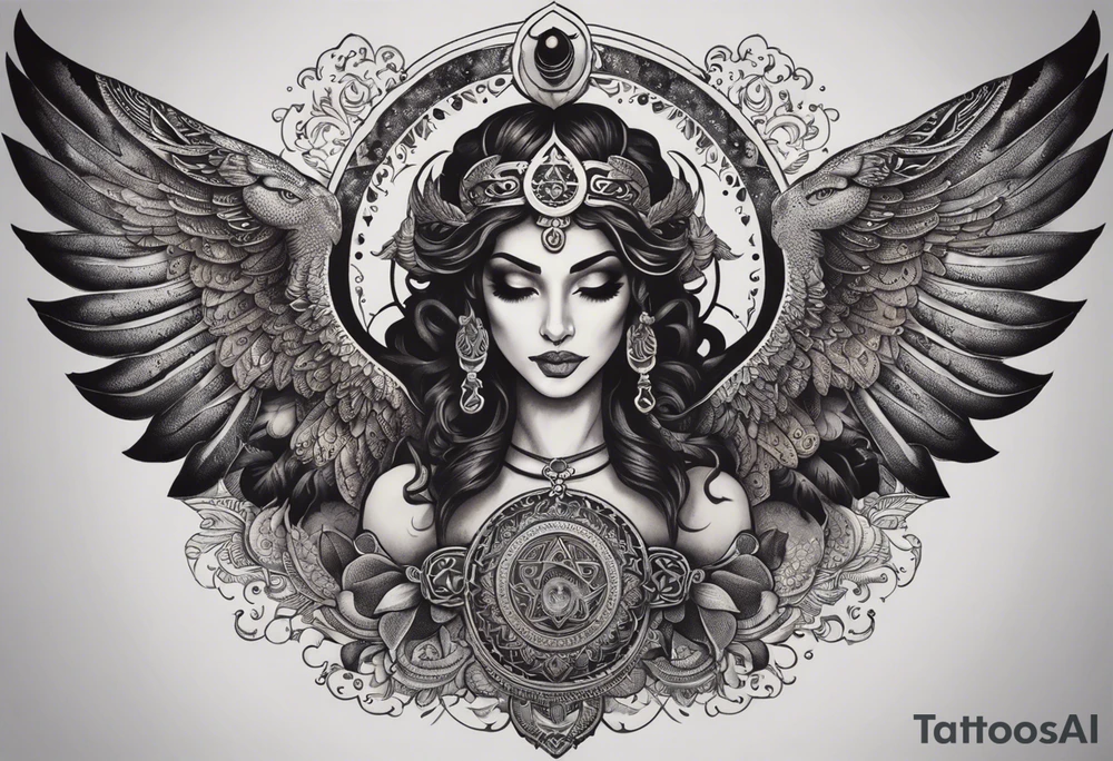 black kali, goddess pirate, alien, angel, pachamama, valkrye, warrior, flying, skull, lotus azul, wing, eagle, zenza resonance, stars, 5D, anahata chakra, death, durga, riding on a tiger, flying lady, kundalini, chest tatoo tattoo idea