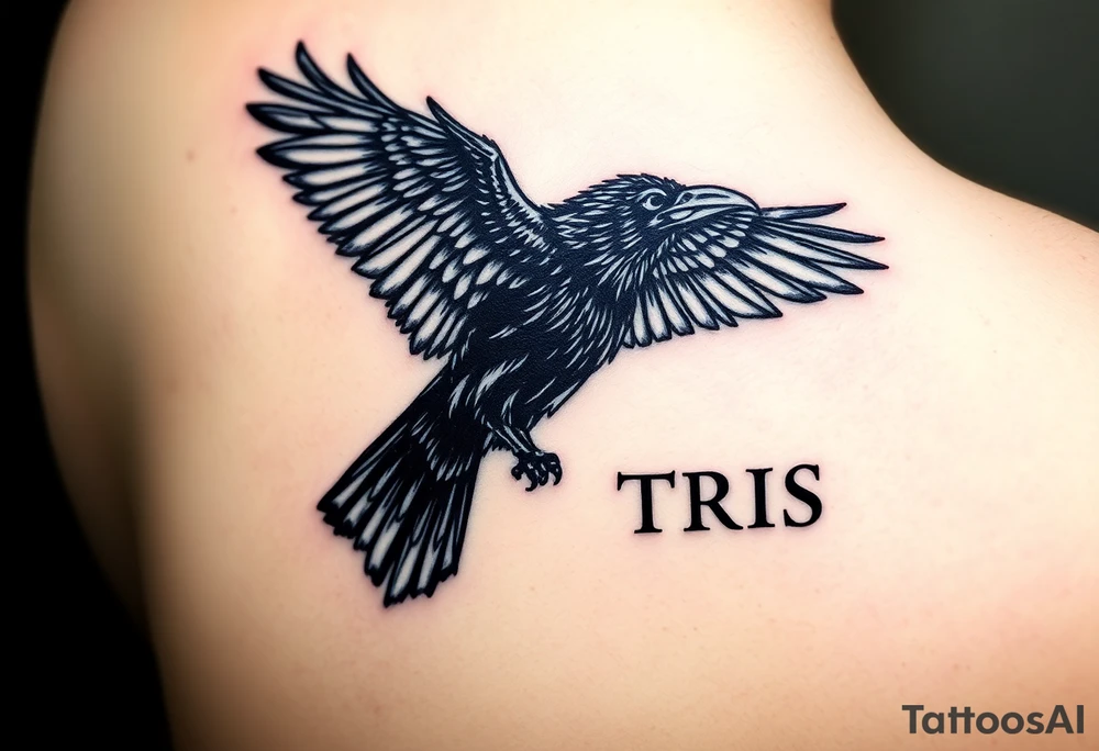 A detailed raven in mid-flight, wings spread wide with intricate feather patterns, symbolizing Tris’s journe and name TRIS tattoo idea