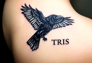 A detailed raven in mid-flight, wings spread wide with intricate feather patterns, symbolizing Tris’s journe and name TRIS tattoo idea
