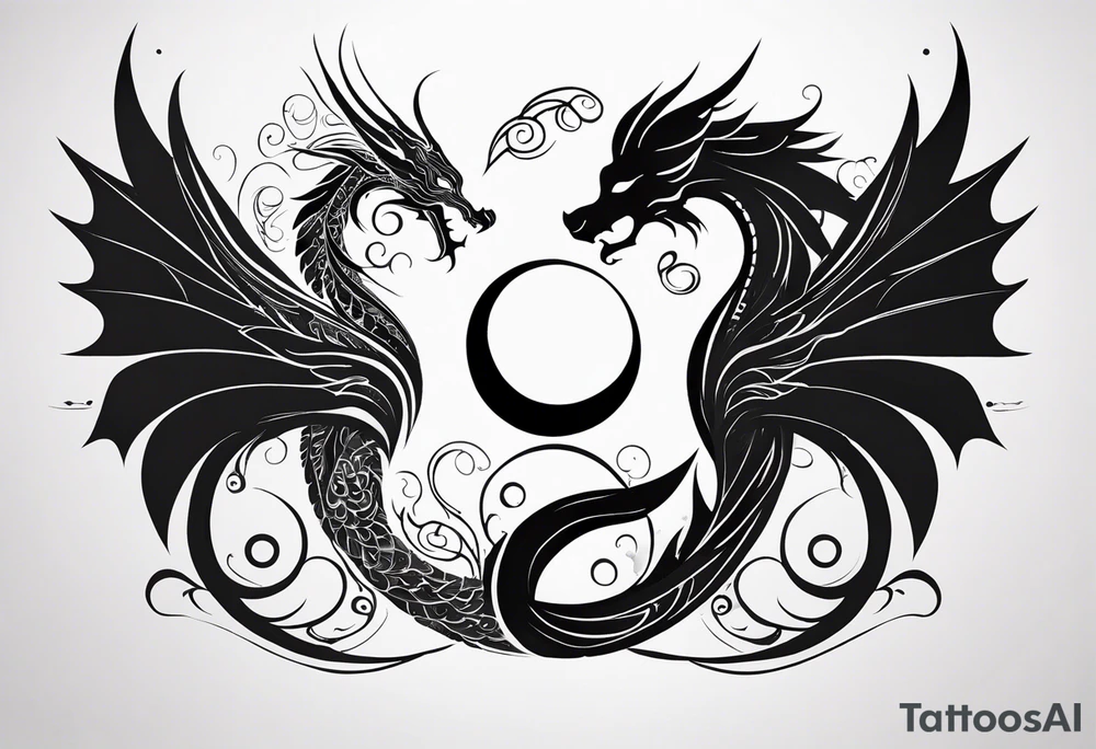 For a Gen Z-inspired dragon and phoenix tattoo, think of a clean, minimalist design that combines symbolism with bold, sleek lines. Imagine a dragon and phoenix spiraling together in a yin-yang-inspired layout. The dragon has a slightly abstract, modern shape, with sharp, flowing lines to show power, resilience, and wisdom, while the phoenix is rendered with sweeping curves and minimal detailing, symbolizing rebirth, growth, and transformation.

Both creatures should interact in a harmonious way, representing balance and duality. To keep it meaningful, focus on line work rather than intricate shading—clear, open spaces allow the tattoo to feel light and energetic. Adding small symbols, like stars or a faint galaxy backdrop, can enhance the "rising from ashes" and "strength through challenge" themes. This design will have a timeless appeal while resonating with Gen Z’s love for symbolism and simplicity. tattoo idea