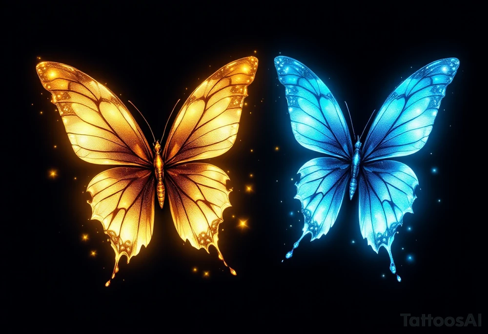 A set of delicate twin butterflies, one glowing with golden hues and the other shimmering in icy blue, symbolizing transformation and duality. tattoo idea