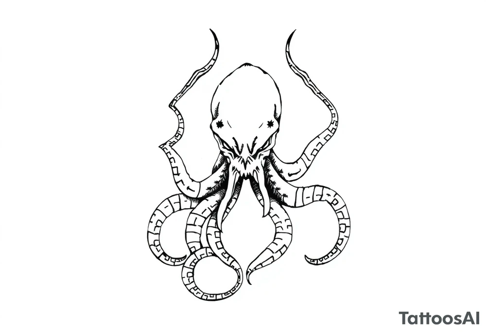 A minimalist blackwork tattoo design of an evil kraken The kraken is viewed from a 45-degree angle facing left, with its head centered. tattoo idea