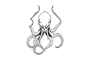 A minimalist blackwork tattoo design of an evil kraken The kraken is viewed from a 45-degree angle facing left, with its head centered. tattoo idea