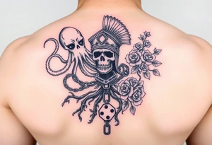 Squid and spartan and sailor hat combined with chains, tree roots, cherry blossoms and roses rolling dice tattoo idea