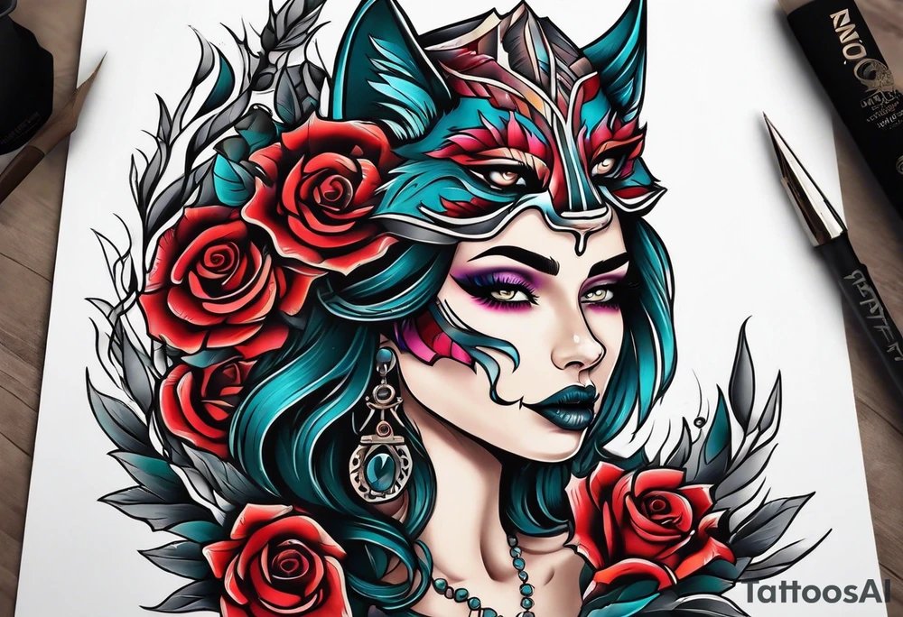 Neo traditional wolf skull on woman’s head tattoo idea