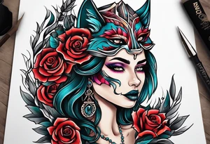 Neo traditional wolf skull on woman’s head tattoo idea
