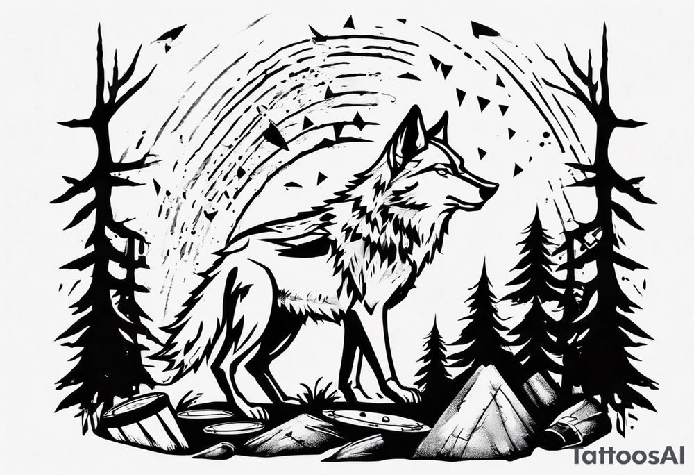 thunderstorm over a forest with a wolf howling on drums tattoo idea thunderstorm over a forest with a wolf howling on drums tattoo idea