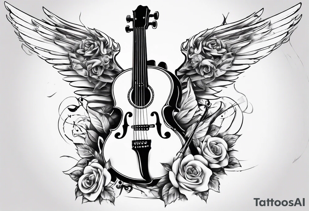 GUITAR LEANING AGAINST A VIOLIN WITH ANGLE WINGS tattoo idea
