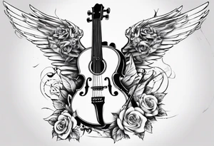 GUITAR LEANING AGAINST A VIOLIN WITH ANGLE WINGS tattoo idea