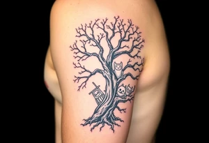 tree wrapped around forearm with adventure time characters on the tree in color tattoo idea