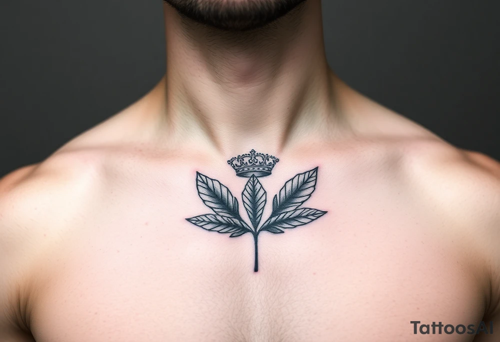 Chest tattoo, two bay leaf and crown between tattoo idea