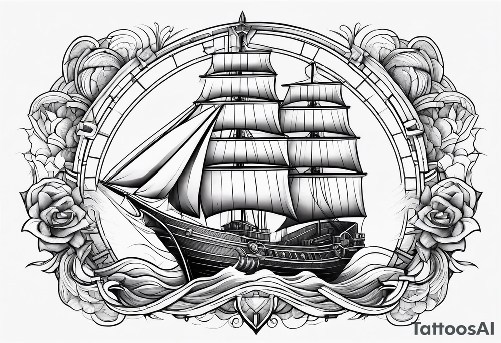 A very abstract mechanical or even technical design in the shape of a ship on fire tattoo idea