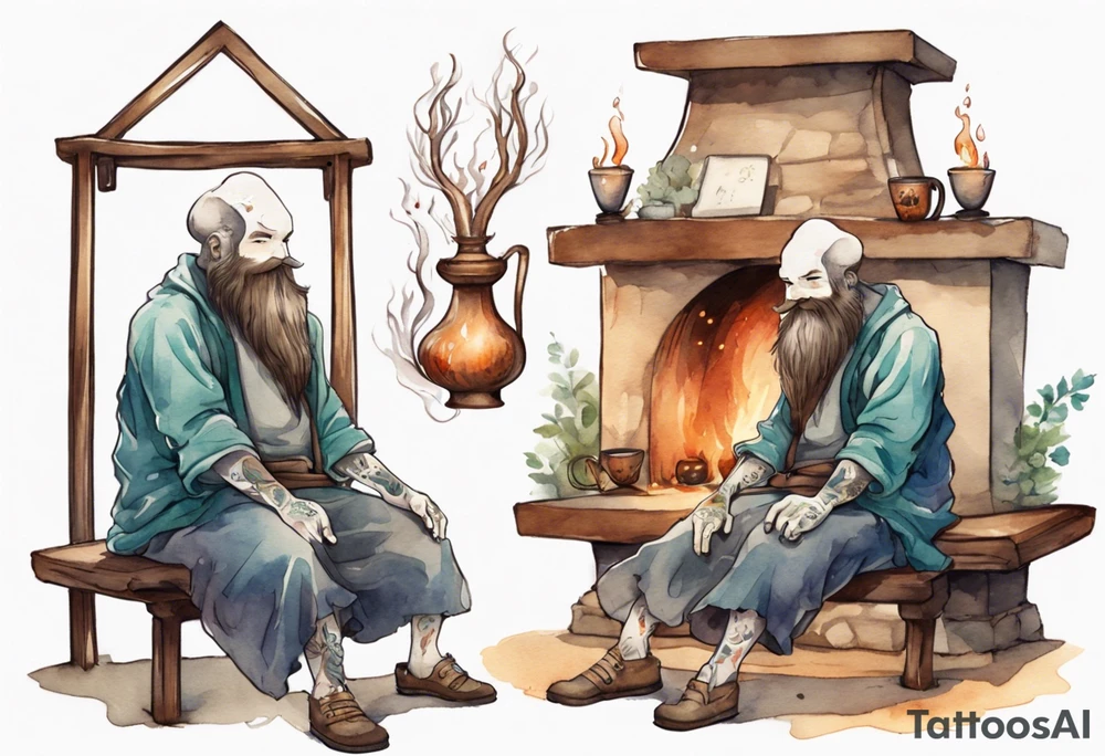 a myconid with a long beard wearing a tunic sitting on a bench by a fireplace drinking from a wood cup, smiling tattoo idea
