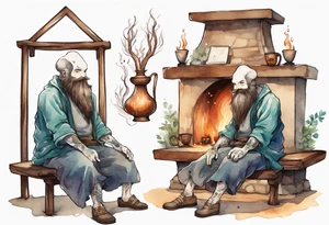 a myconid with a long beard wearing a tunic sitting on a bench by a fireplace drinking from a wood cup, smiling tattoo idea