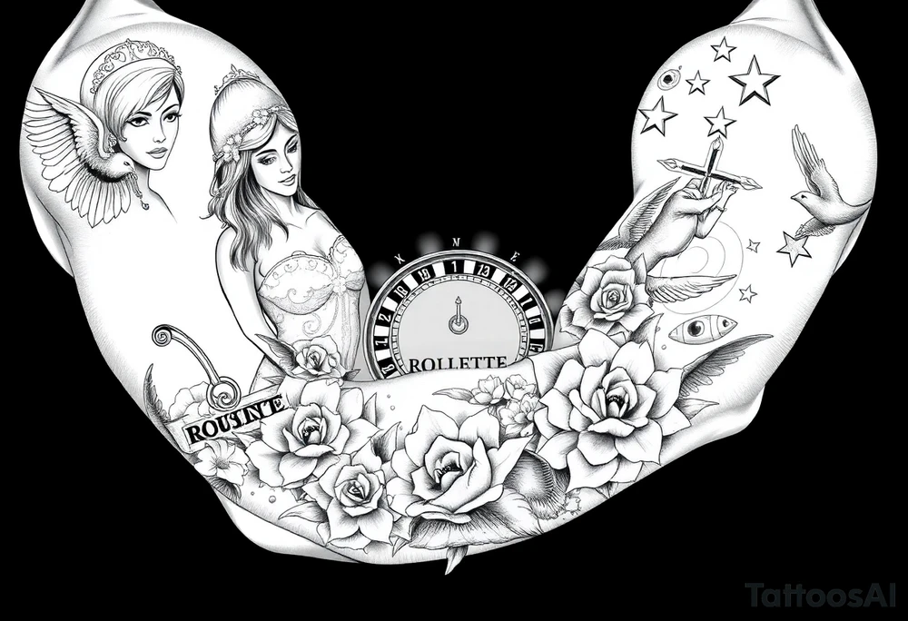 Roulette casino and princess and jesus on cross, baby angels, roses and clock and stars and fish tattoo idea