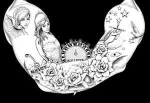 Roulette casino and princess and jesus on cross, baby angels, roses and clock and stars and fish tattoo idea