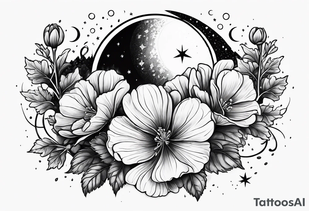 Scarlet geraniums rain with a crescent moon behind tattoo idea