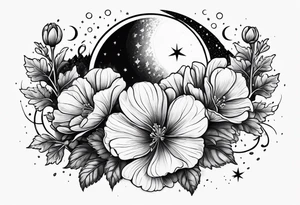 Scarlet geraniums rain with a crescent moon behind tattoo idea