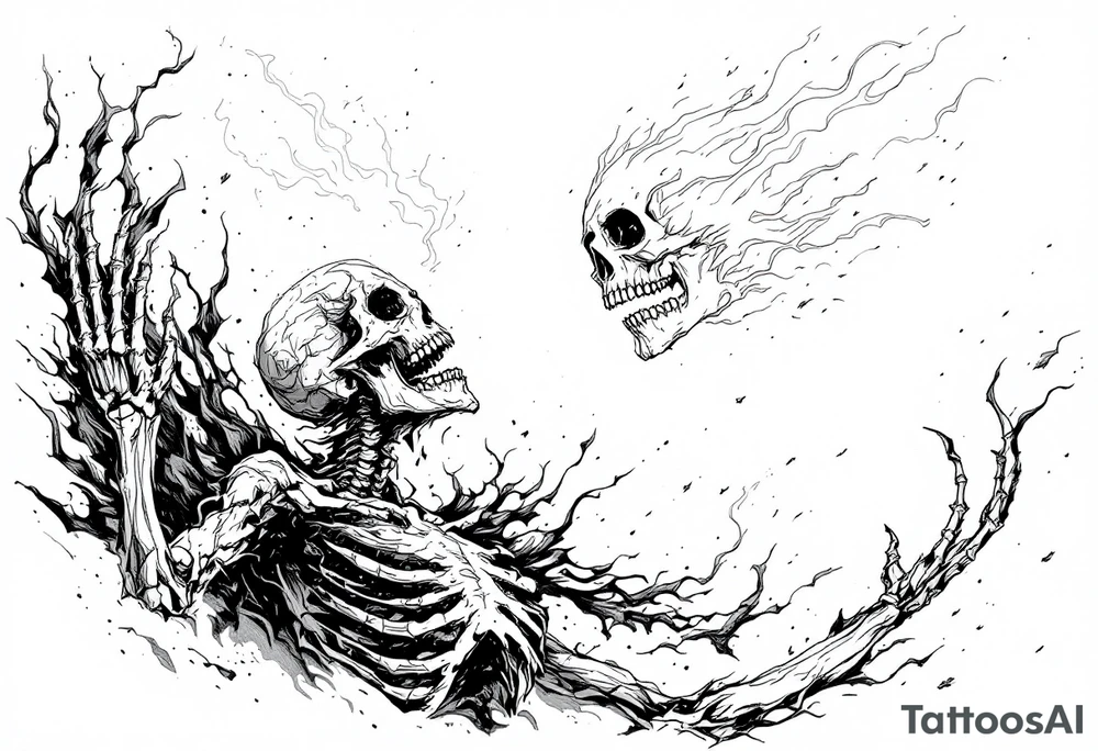 Hell flaming  skeleton trying to reach up to heaven tattoo idea