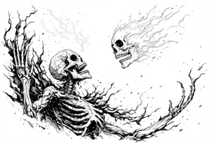 Hell flaming  skeleton trying to reach up to heaven tattoo idea