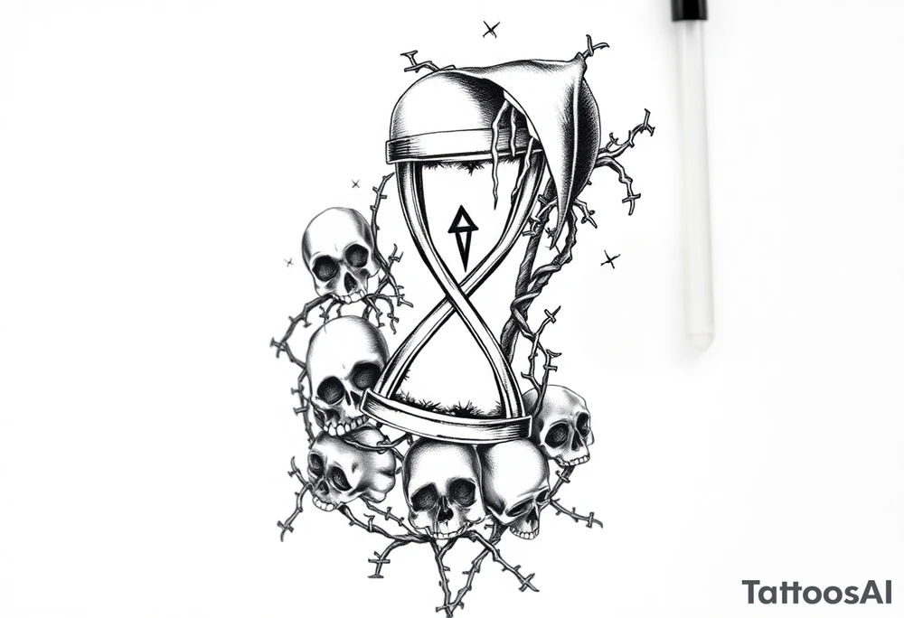 barbed wire hourglass bad luck vines bones skulls reaper a large text of 사랑은 아프다 tattoo idea