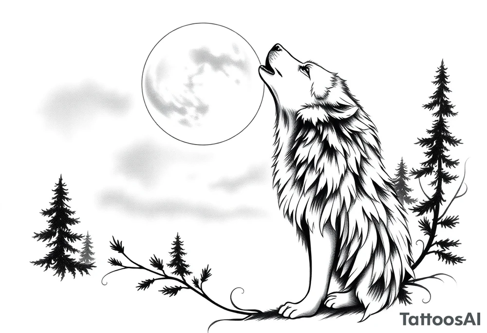 lone wolf howling at full moon with northern lights backdrop tattoo idea