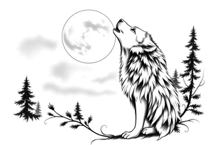 lone wolf howling at full moon with northern lights backdrop tattoo idea