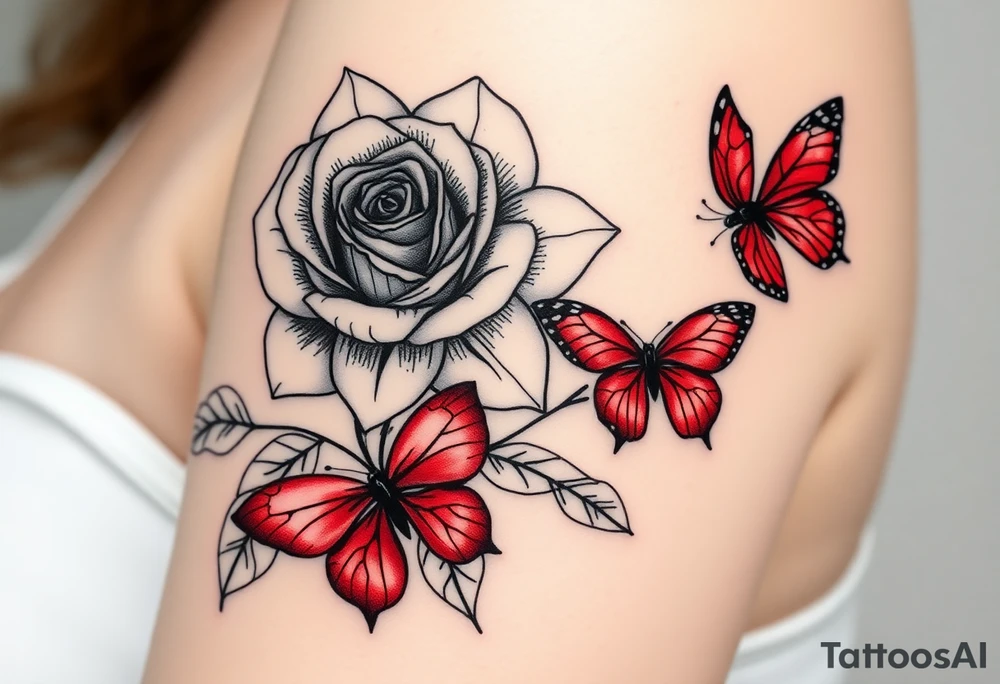Rose and daffodil with 2 red butterflies one larger than other tattoo idea
