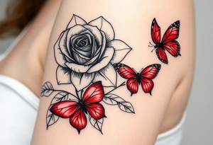 Rose and daffodil with 2 red butterflies one larger than other tattoo idea