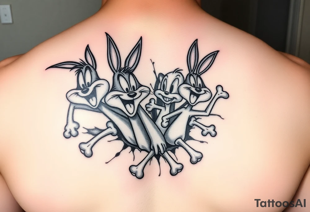 i want the looney toons breaking out of right rib cage and as their body parts exit they turn to bones (representing my four kids 3 boys 1 girl) taz, bugz, tweety, lola tattoo idea