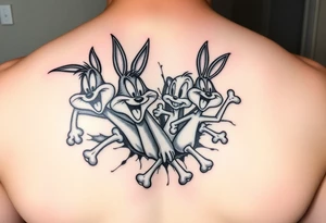 i want the looney toons breaking out of right rib cage and as their body parts exit they turn to bones (representing my four kids 3 boys 1 girl) taz, bugz, tweety, lola tattoo idea