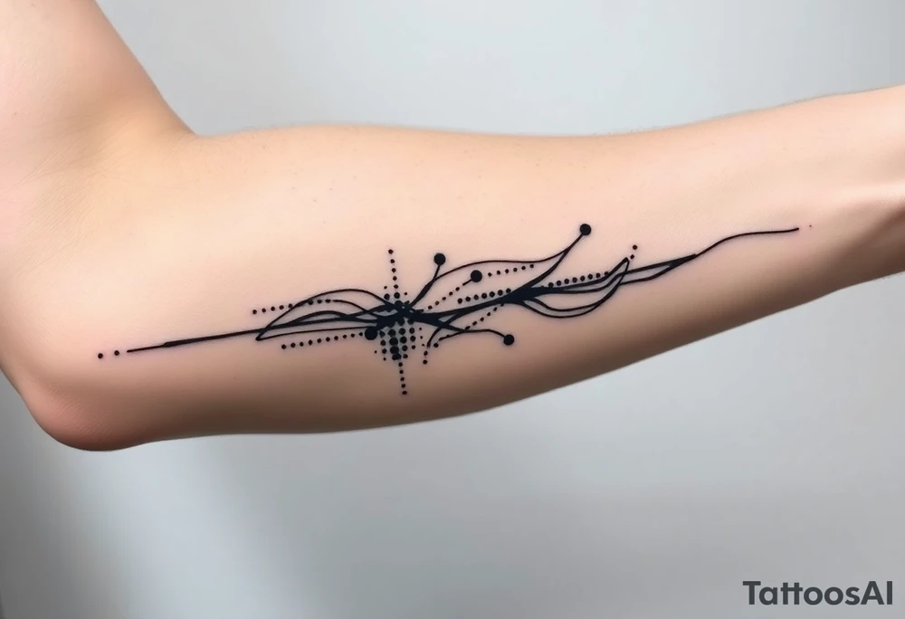 Abstract black line tattoo for a male, inner forearm and elbow area.
Broken, segmented flowing lines, sharp turns, mechanical rhythm, subtle dot accents.
Not delicate, not ornamental, technical and controlled motion.
Black ink only, no shading, photo-accurate tattoo design. tattoo idea