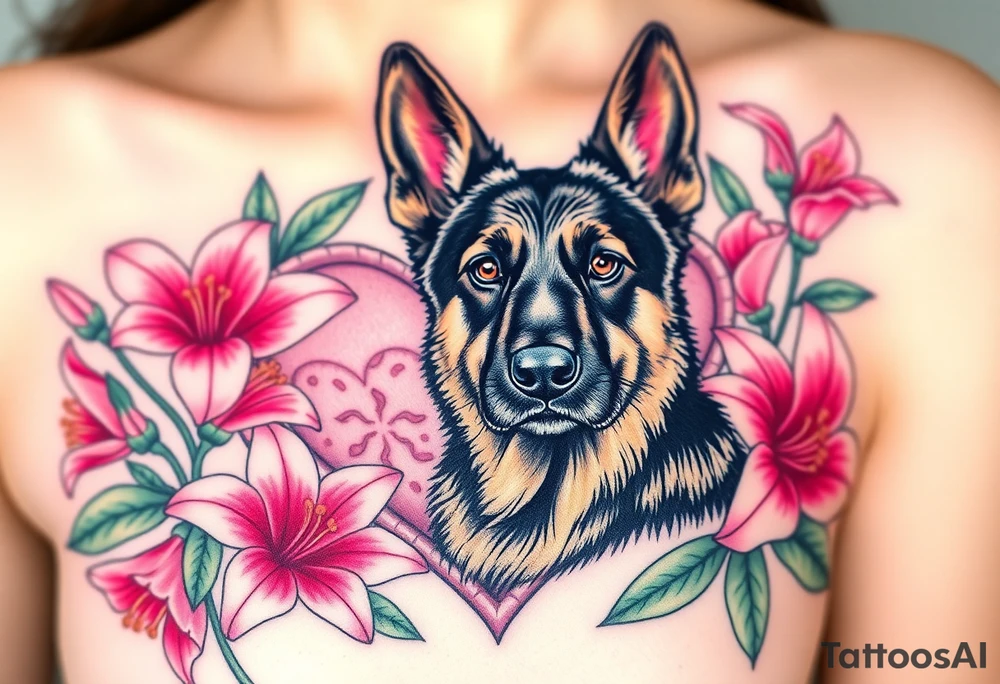 strong looking short haired german shepherd with alert ears surrounded by pink lilies with large leaves in front of a sacred heart tattoo idea