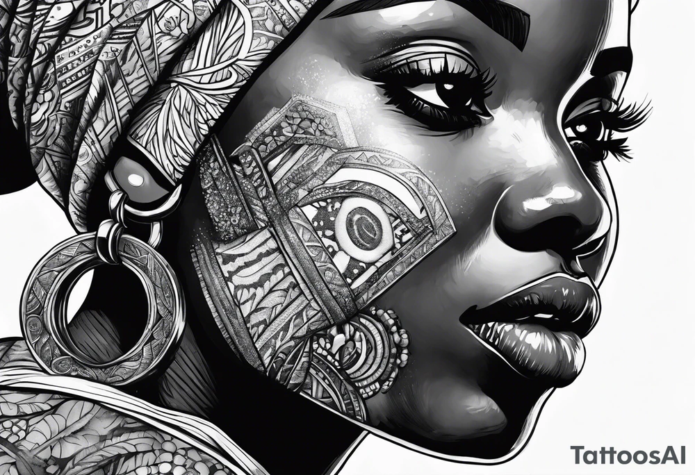 african woman biting money tattoo idea