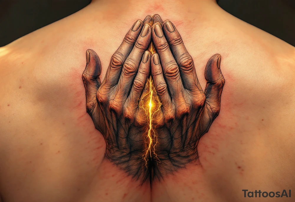 Two clasped hands, sculpted in stone, with cracks revealing a glowing golden core, representing eternal devotion. tattoo idea