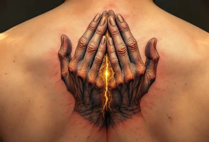 Two clasped hands, sculpted in stone, with cracks revealing a glowing golden core, representing eternal devotion. tattoo idea