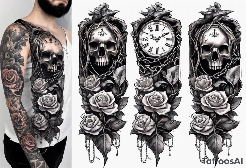 tattoo fool sleeve, tree roots break out of the chains at the bottom of the hand, broken mask, Clock with flying numbers, girl, skull, roses, less shadows tattoo idea