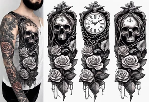 tattoo fool sleeve, tree roots break out of the chains at the bottom of the hand, broken mask, Clock with flying numbers, girl, skull, roses, less shadows tattoo idea