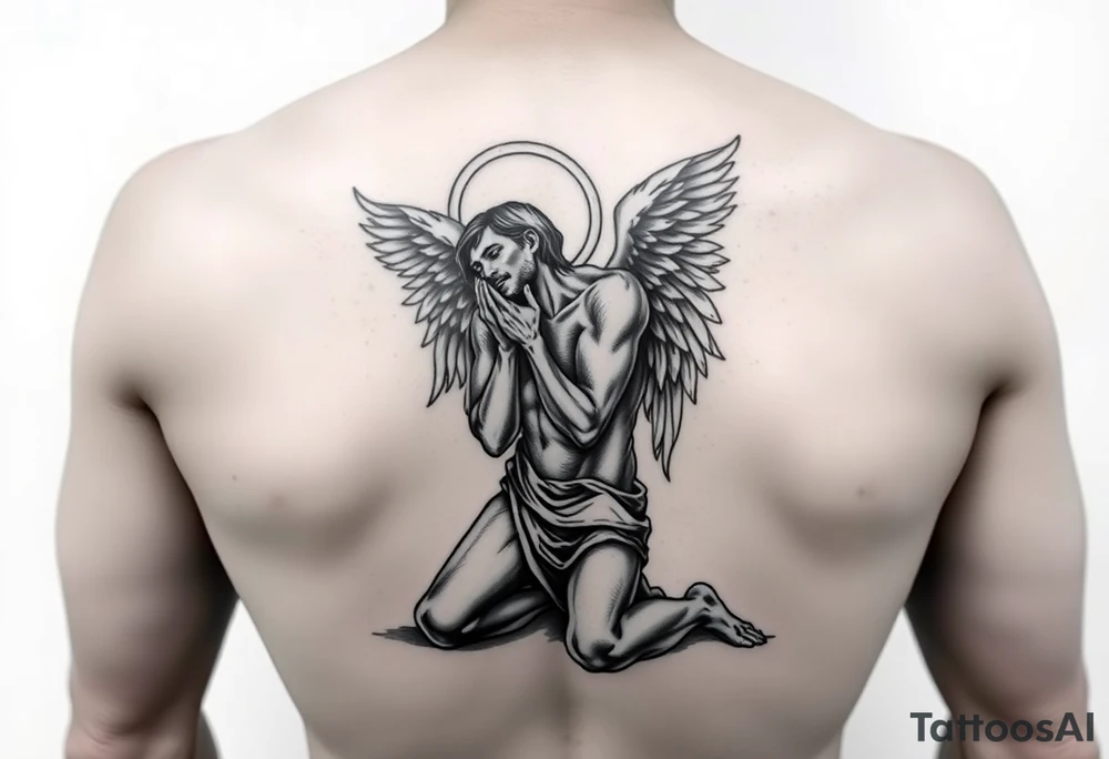 Man fallen angel on his knees tattoo idea