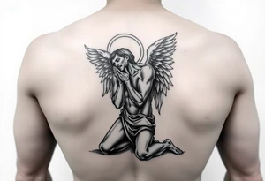 Man fallen angel on his knees tattoo idea