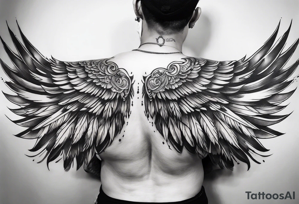 wings tattoo extending from a mens shoulders, covering the upper arms and upper back. The feathers are intricately detailed, with soft shading in black and gray to create depth and texture. tattoo idea