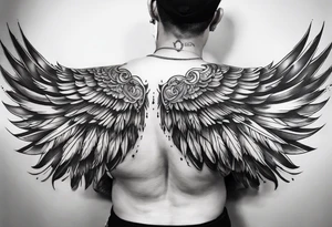 wings tattoo extending from a mens shoulders, covering the upper arms and upper back. The feathers are intricately detailed, with soft shading in black and gray to create depth and texture. tattoo idea
