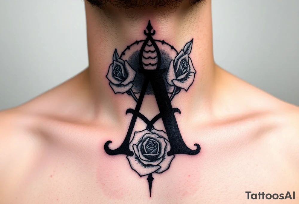 Create a throat tattoo using old english font of Letter A with subtle rose background tattoo idea