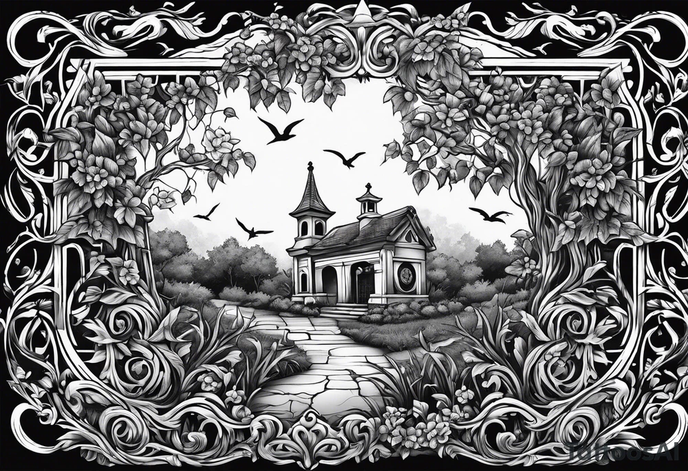 Leafy vines with grave yard tattoo idea